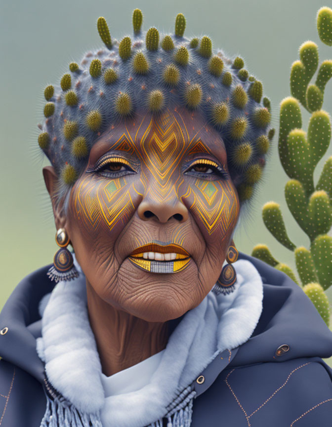 Elderly woman with face paint and cactus headpiece in front of cactus background