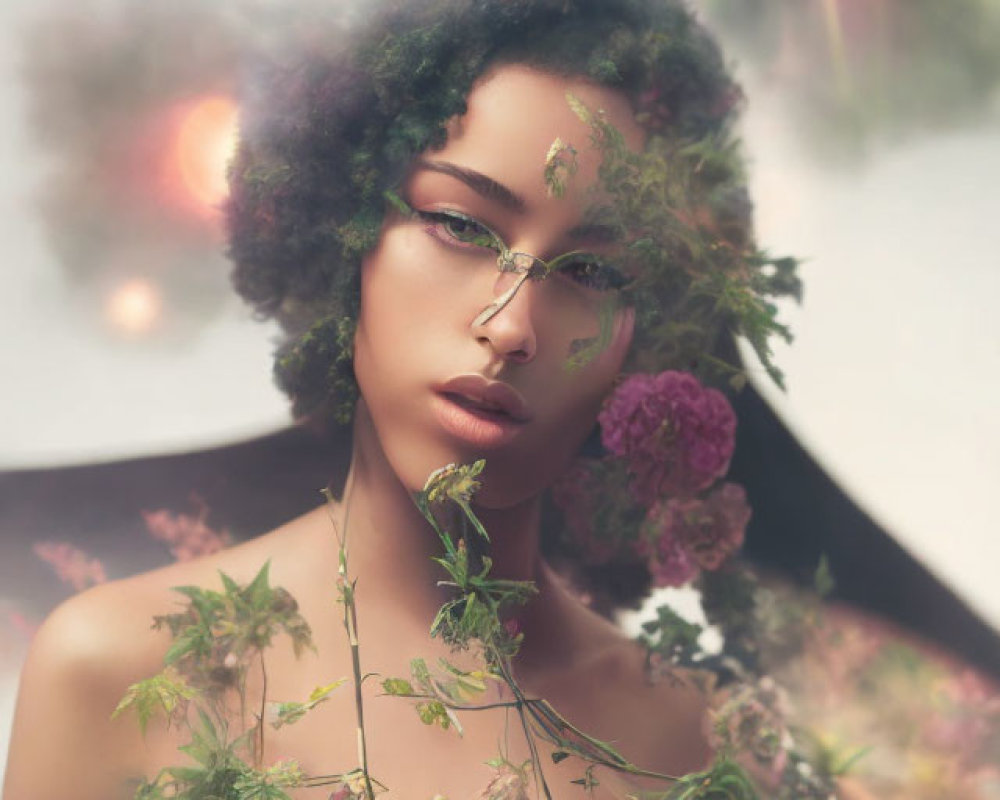 Woman portrait adorned with plants and flowers in mystical setting