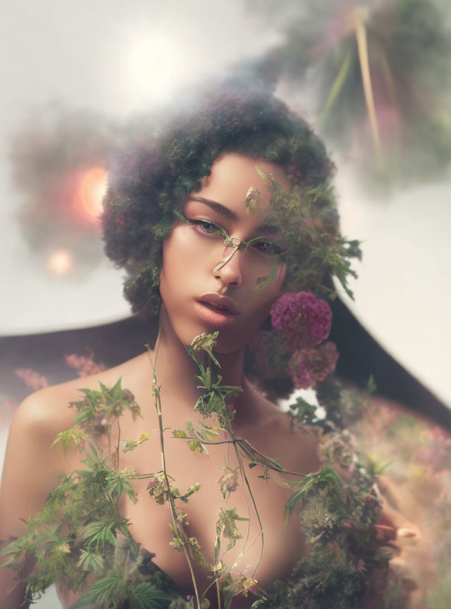 Woman portrait adorned with plants and flowers in mystical setting