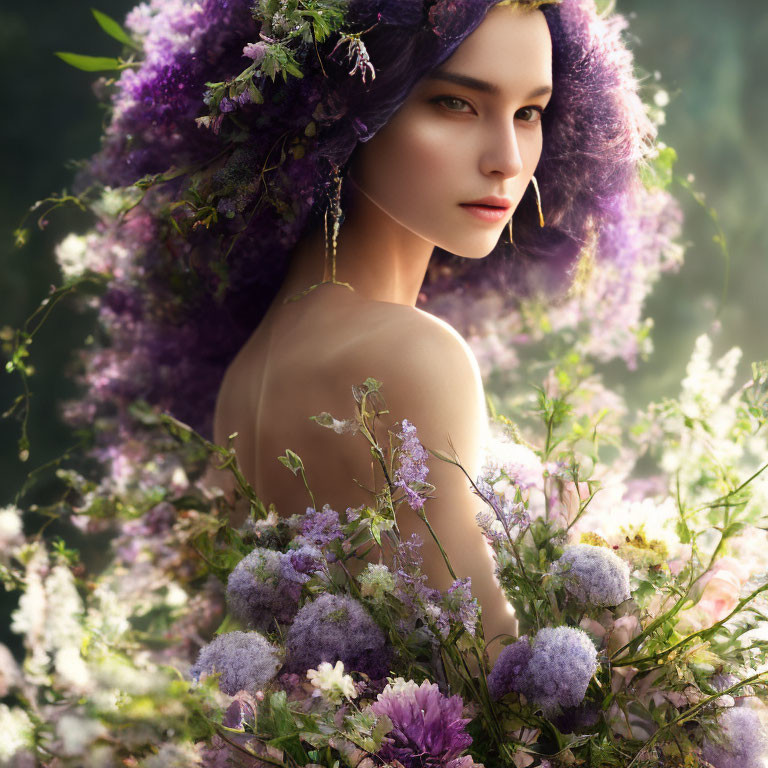 Portrait of woman with purple hair in floral headpiece amidst wildflowers