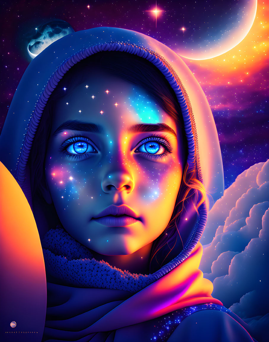 Illustration of girl in cosmic hoodie under starry night sky