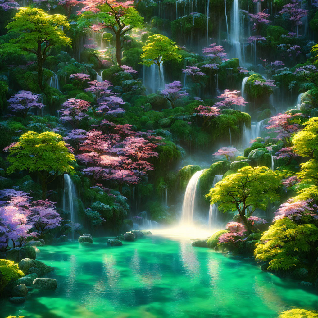 Lush enchanted forest with waterfalls, pink foliage, and turquoise pond