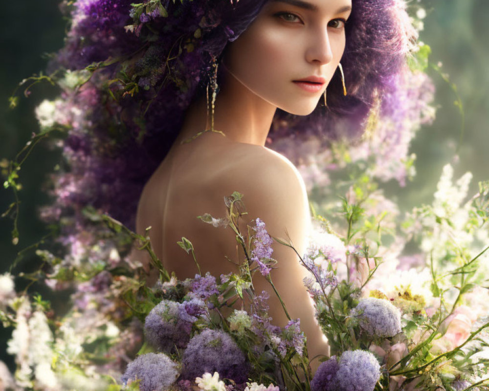 Portrait of woman with purple hair in floral headpiece amidst wildflowers