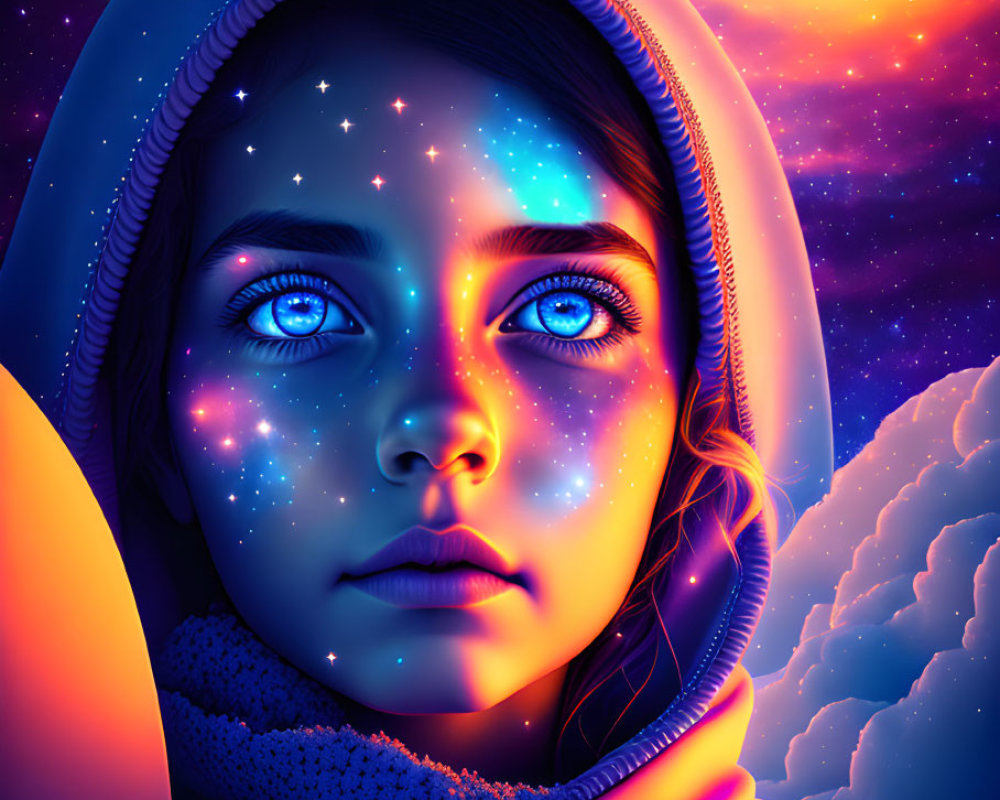 Illustration of girl in cosmic hoodie under starry night sky