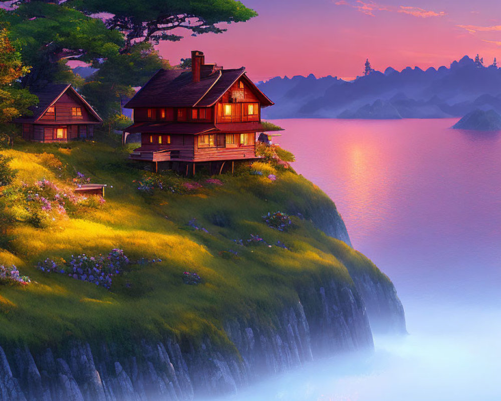 Tranquil Lakeside Houses at Sunset with Warm Lights