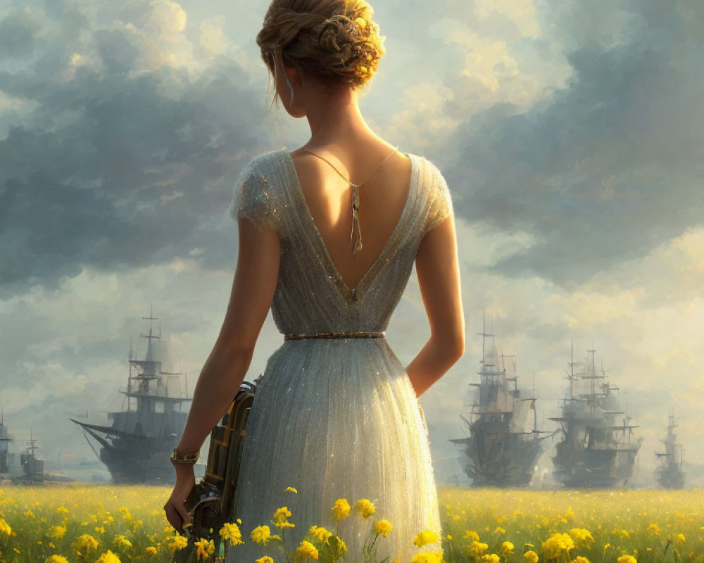 Vintage dress woman gazes at ships in yellow flower sea under dramatic sky