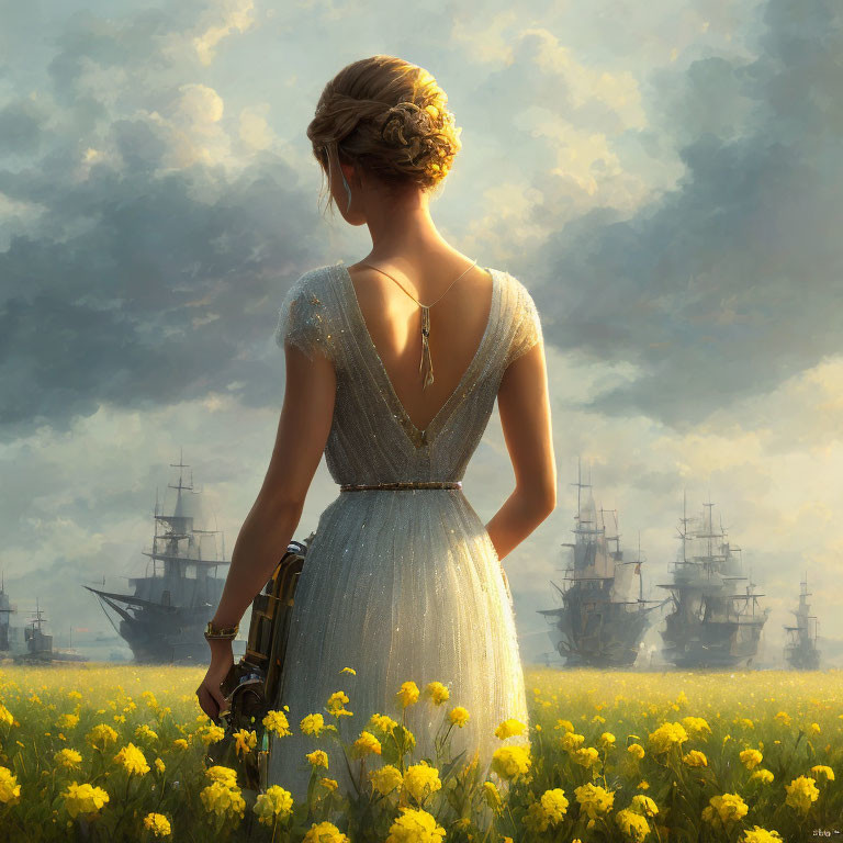 Vintage dress woman gazes at ships in yellow flower sea under dramatic sky