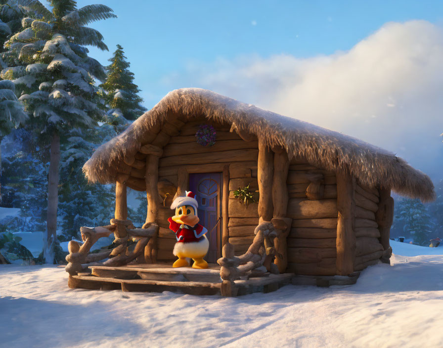 Cartoon penguin in winter attire by cozy cabin in snowy forest