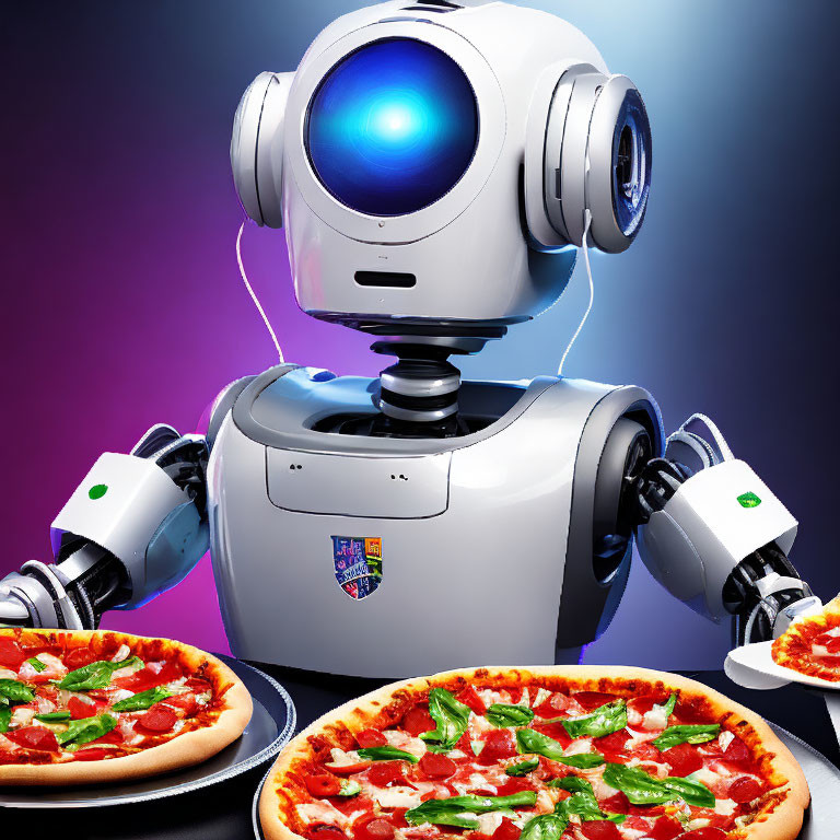 Stylized robot with blue-lit eye holding pizza slices and whole pizzas in foreground