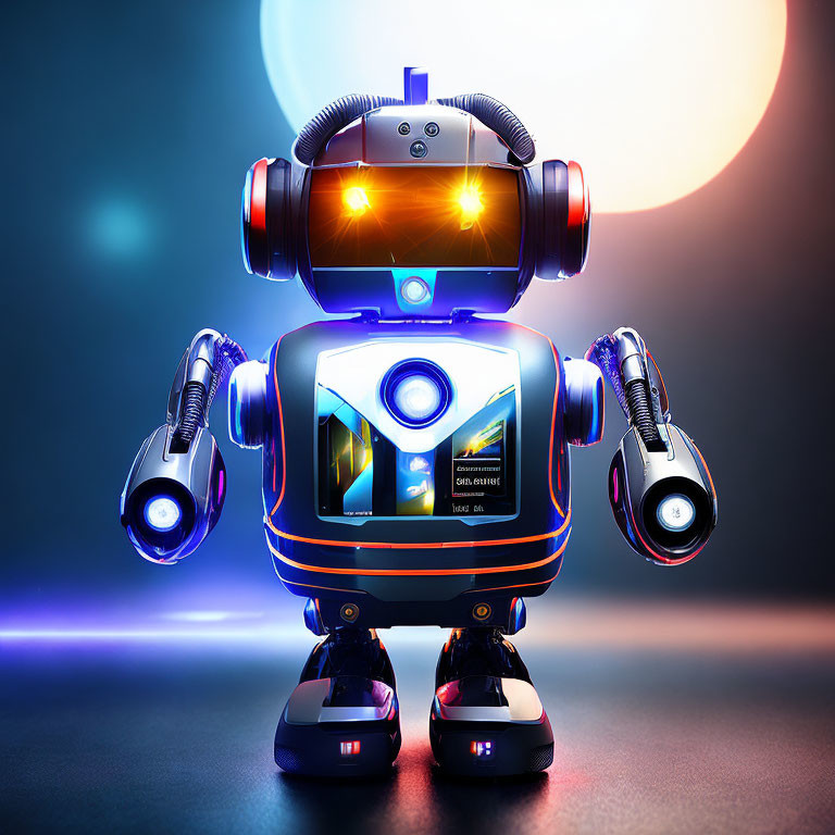 Futuristic robot with chest display in spotlight on blue backdrop.