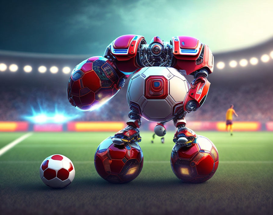 Futuristic robot footballer balancing on soccer balls in stadium with vibrant lighting