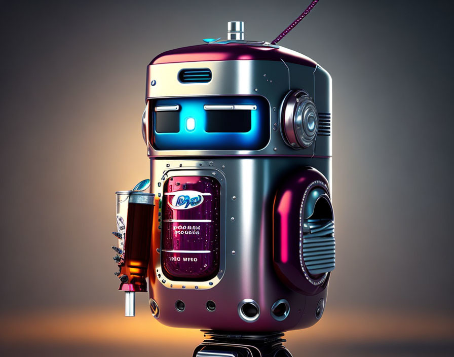 Colorful Retro-Futuristic Jukebox Robot with Beverage Arm on Gradient Background