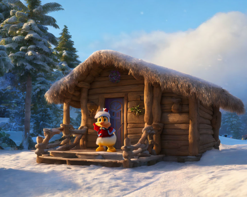 Cartoon penguin in winter attire by cozy cabin in snowy forest