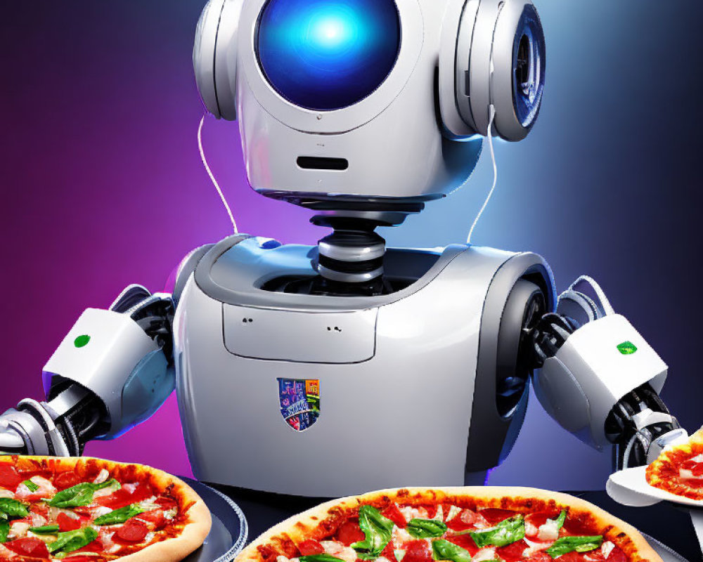 Stylized robot with blue-lit eye holding pizza slices and whole pizzas in foreground