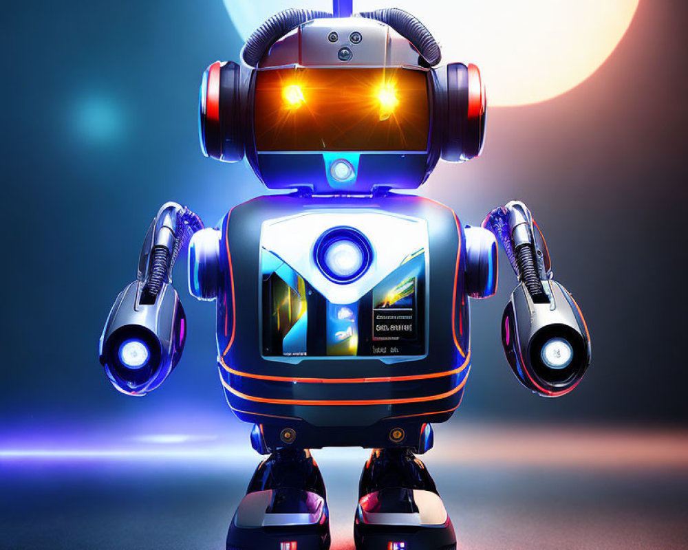 Futuristic robot with chest display in spotlight on blue backdrop.