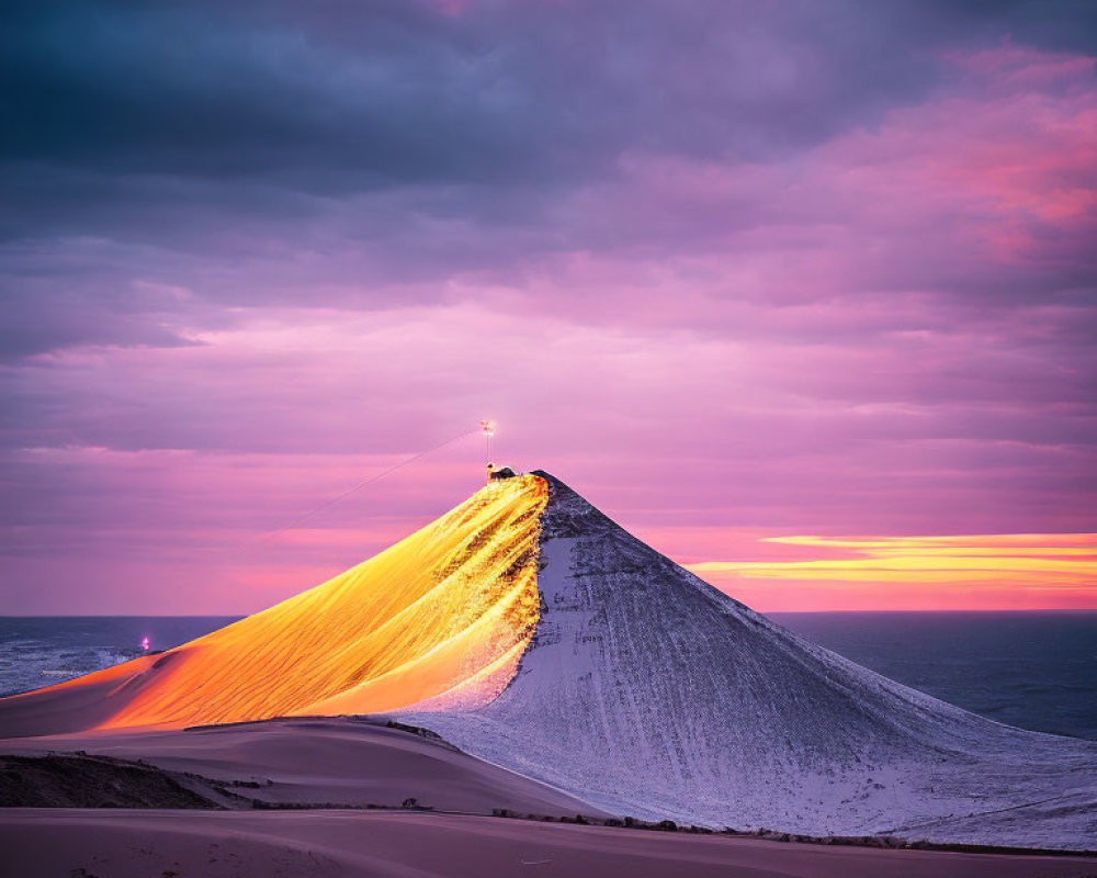 Snowy Mountain Peak at Sunrise with Purple Sky and Orange Light