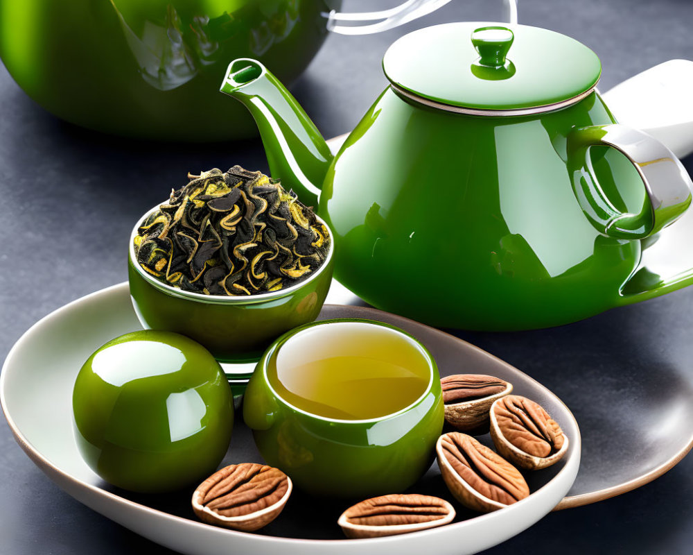 Green teapot, cup of tea, loose tea leaves, and pecans on dark surface