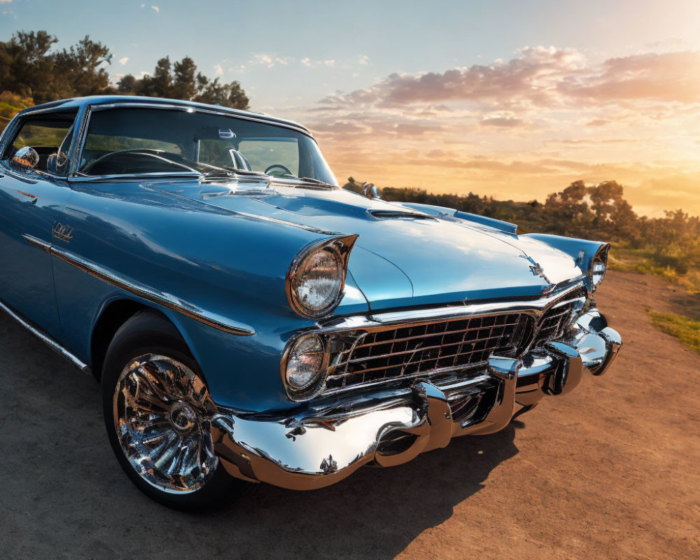 Vintage Blue Car Parked on Road at Sunset with Warm Sun Glow