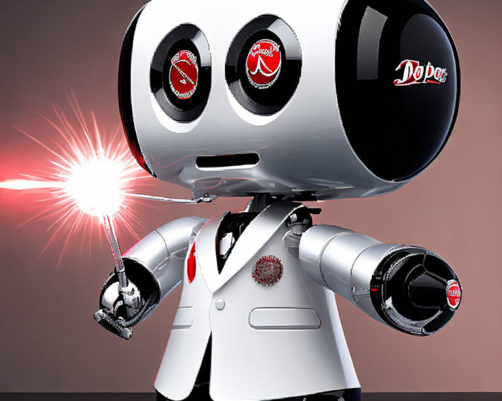 Stylized robot with large head, eye graphics screens, Dr Pepper logo, white jacket, and