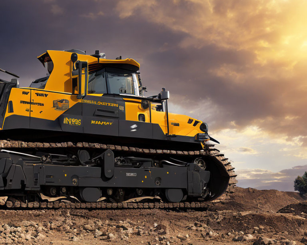 Yellow Bulldozer on Rugged Terrain with Dramatic Cloudy Sky