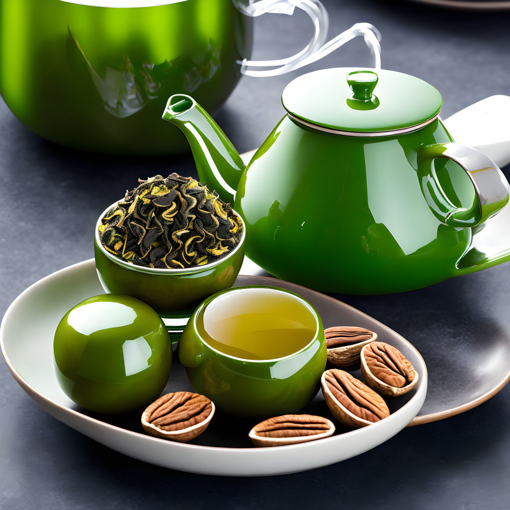 Green teapot, cup of tea, loose tea leaves, and pecans on dark surface