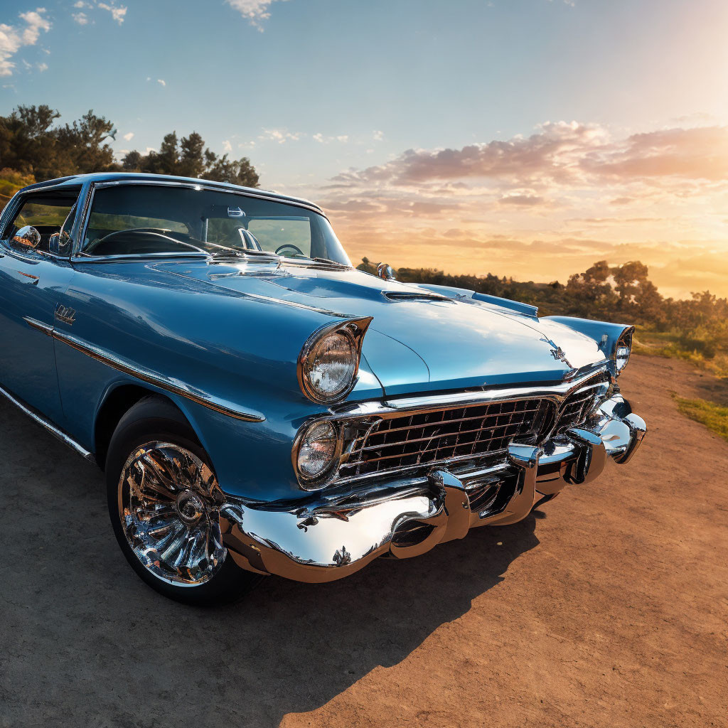 Vintage Blue Car Parked on Road at Sunset with Warm Sun Glow