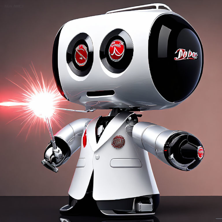 Stylized robot with large head, eye graphics screens, Dr Pepper logo, white jacket, and