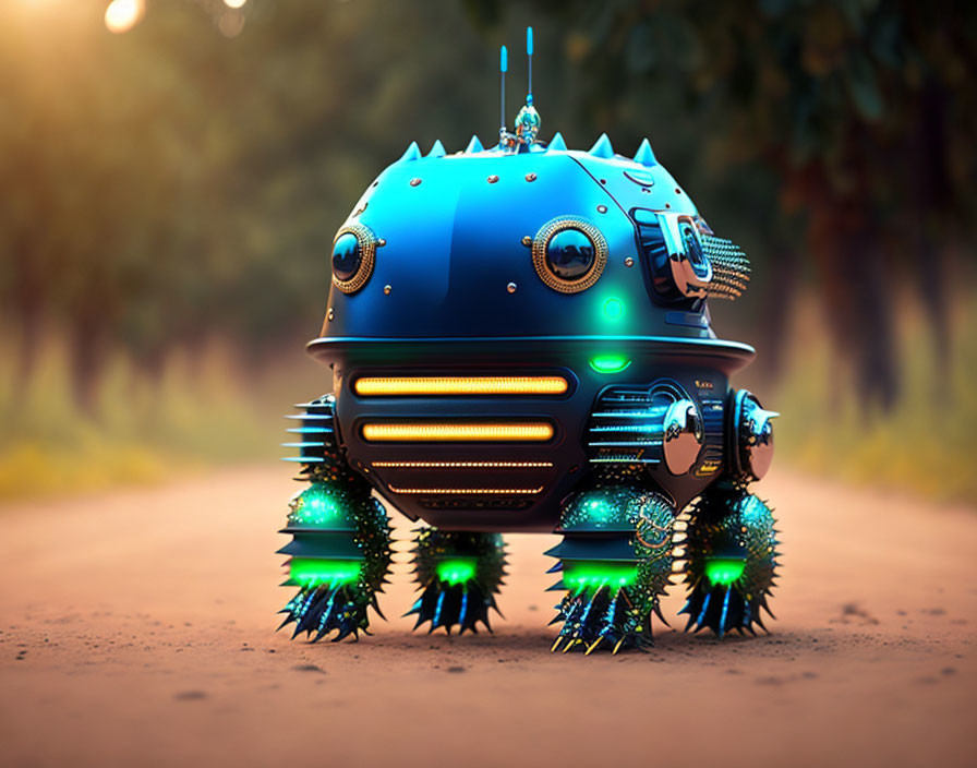 Blue spherical robot with spiky wheels on dirt path in greenery