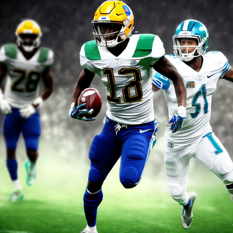 Football player in blue and yellow uniform running with ball, pursued by two opposing players in white and teal