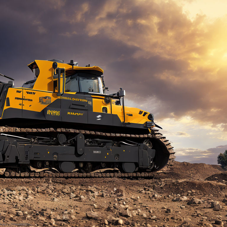 Yellow Bulldozer on Rugged Terrain with Dramatic Cloudy Sky