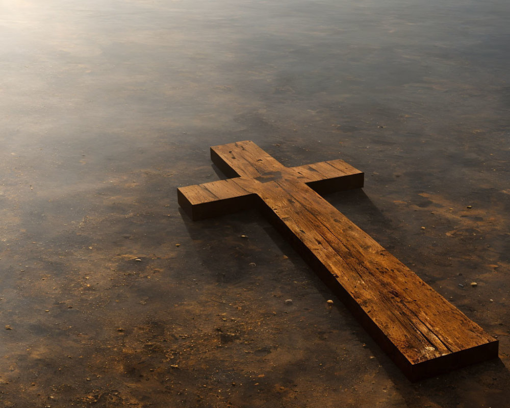 Wooden Cross on Dusty Ground with Misty Background