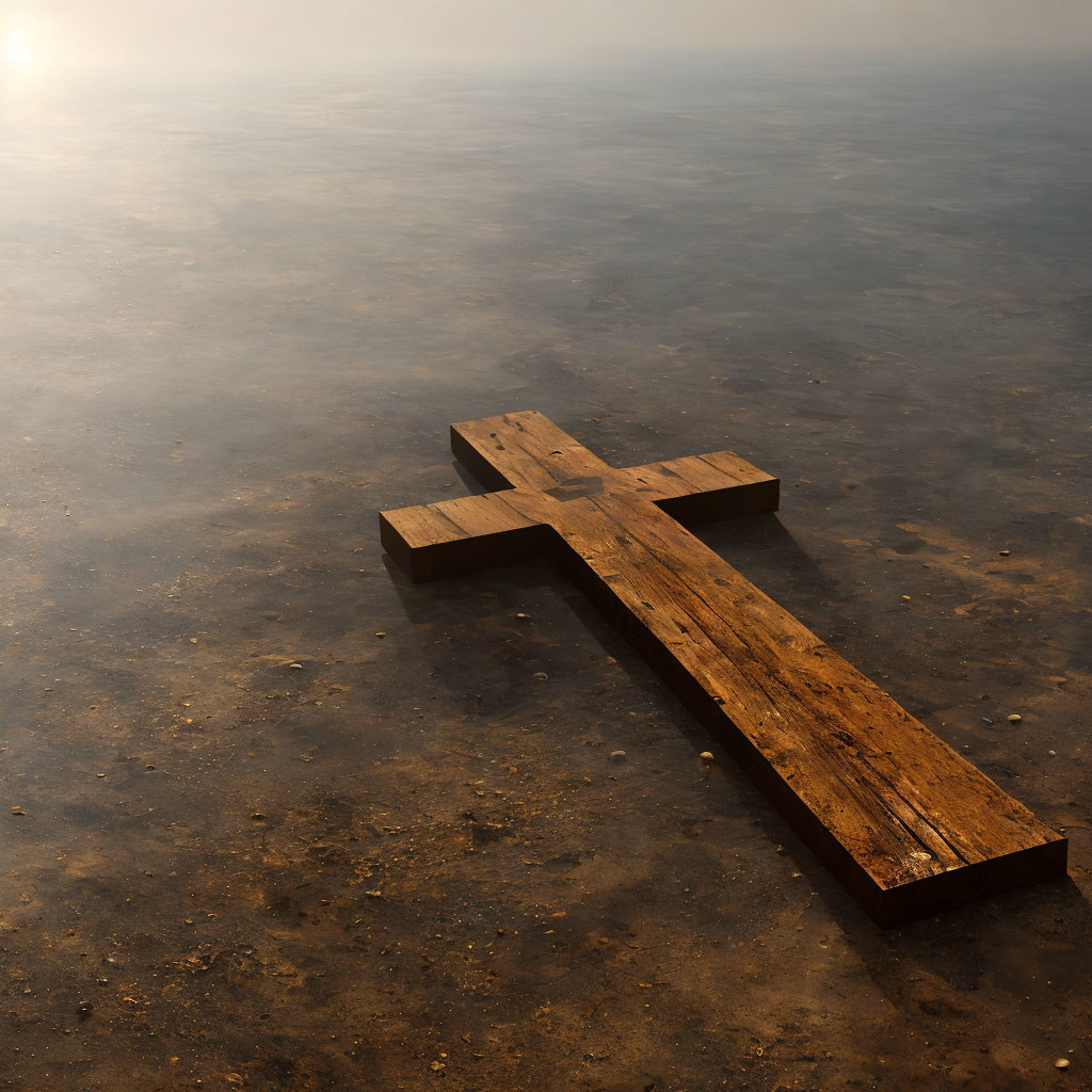 Wooden Cross on Dusty Ground with Misty Background