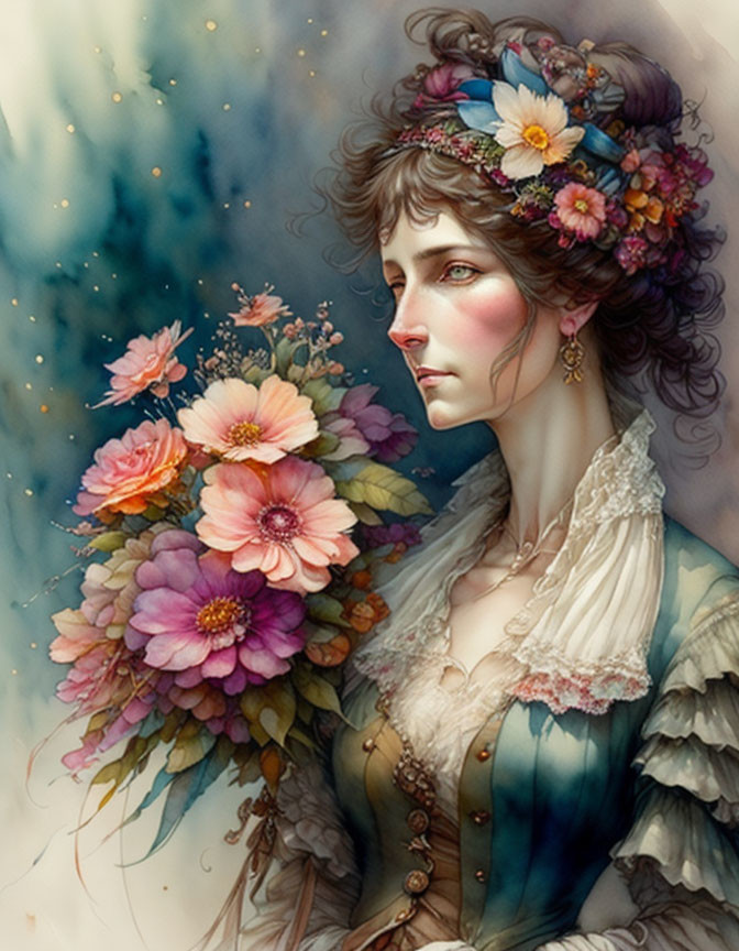 Ethereal woman with floral hair and bouquet in soft, dreamy colors