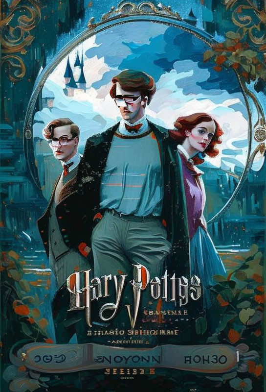 Stylized young adult characters in front of magical castle backdrop with "Harry Potter" theme text.