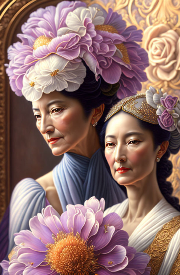 Detailed digital painting: Two women, one older and one younger, adorned with purple and white flowers and