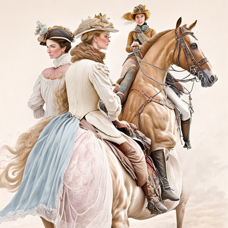 Vintage Riding Attire: Three Women with Horses in Classical Portrait