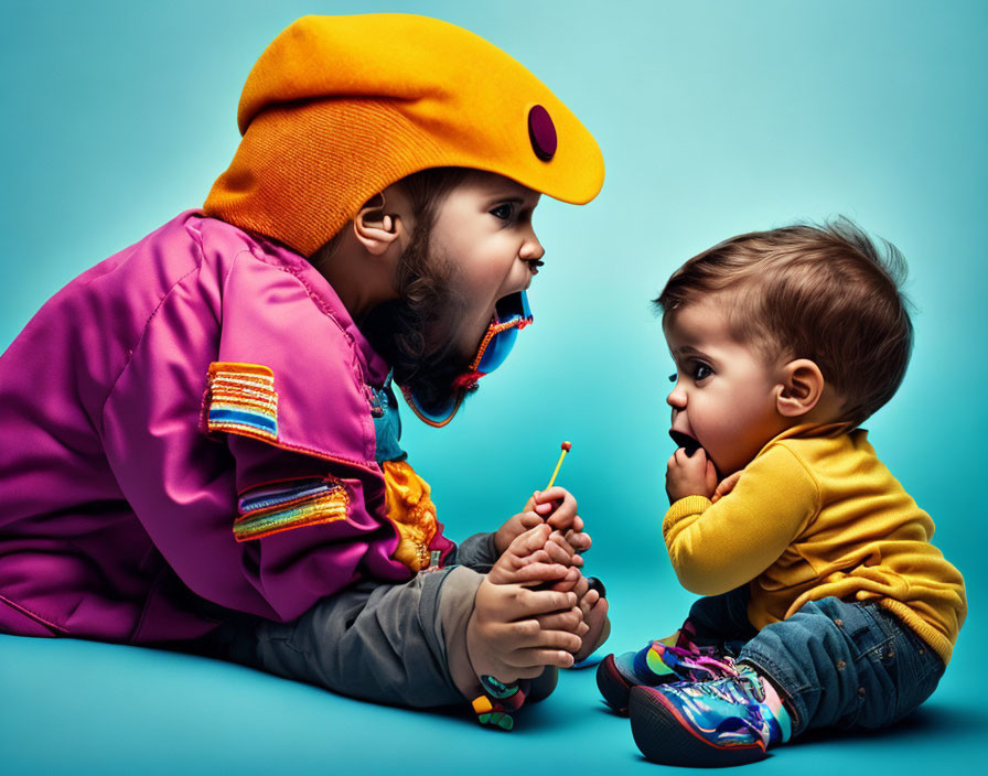 Two toddlers in colorful outfits on teal background