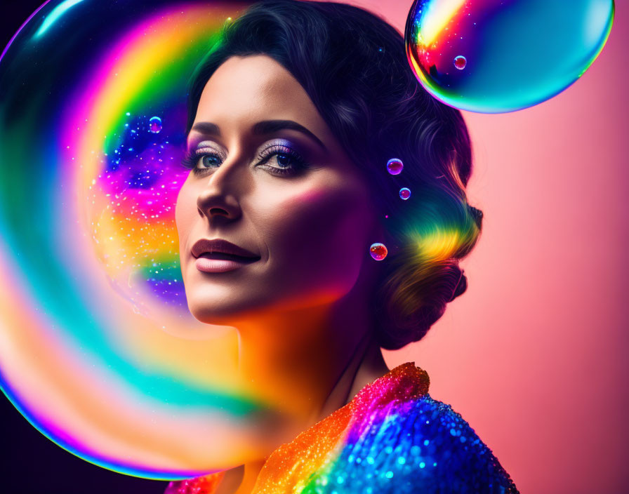 Colorful Bubbles Surround Woman with Makeup