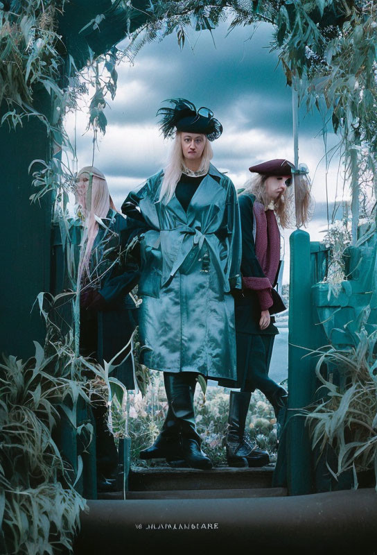 Three individuals in period costumes framed by overgrown plants under a moody sky