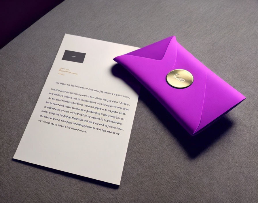 Purple Envelope with Circular Golden Seal on Table beside Open Letter