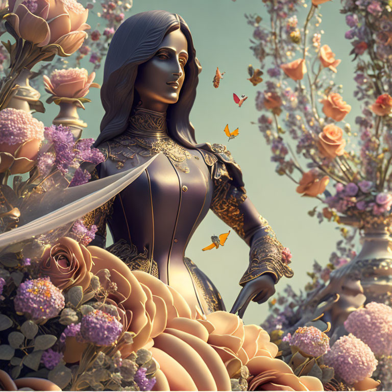 Female Figure in Stone-Like Armor Surrounded by Flowers and Butterflies