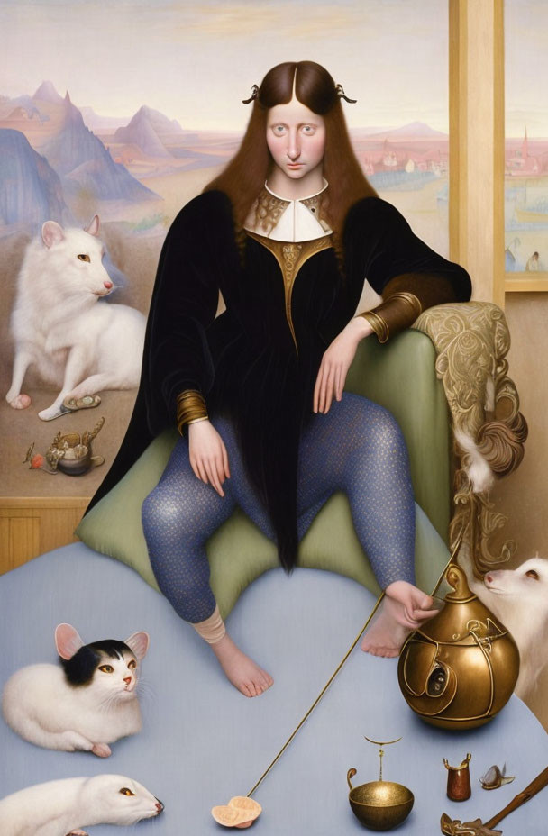 Surrealist painting featuring woman in black coat with blue legwear and peculiar creatures