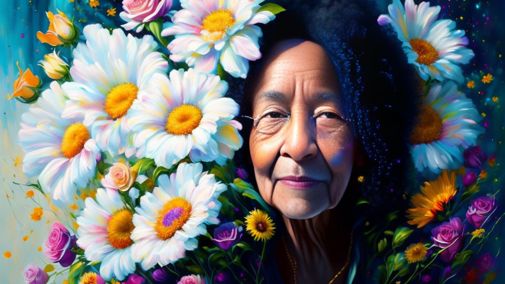 Elderly woman in colorful flower garden smiling peacefully