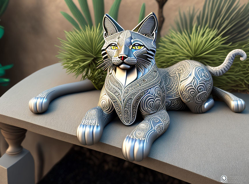 Patterned Cat Figurine with Blue Eyes on Bench in Outdoor Setting