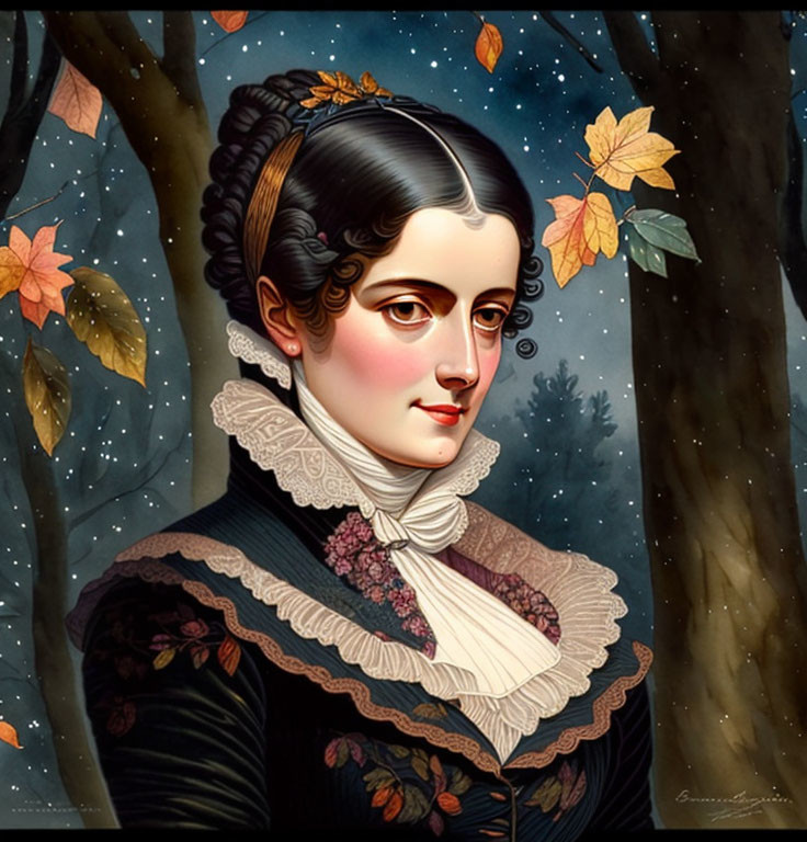 Woman in historical dress with dark hair against autumn woods