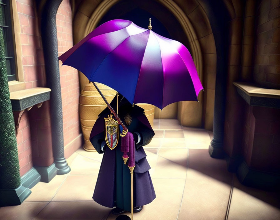 Cloaked figure with purple umbrella and cane in shadowy castle corridor