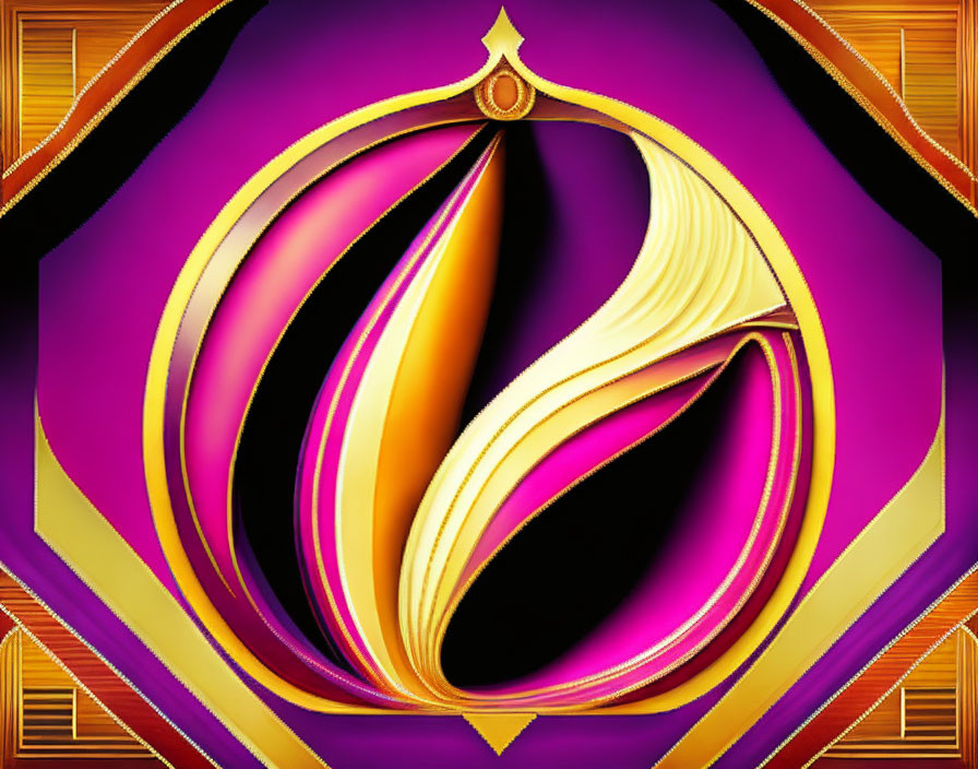 Abstract Golden Flame Design Surrounded by Purple and Pink Shapes