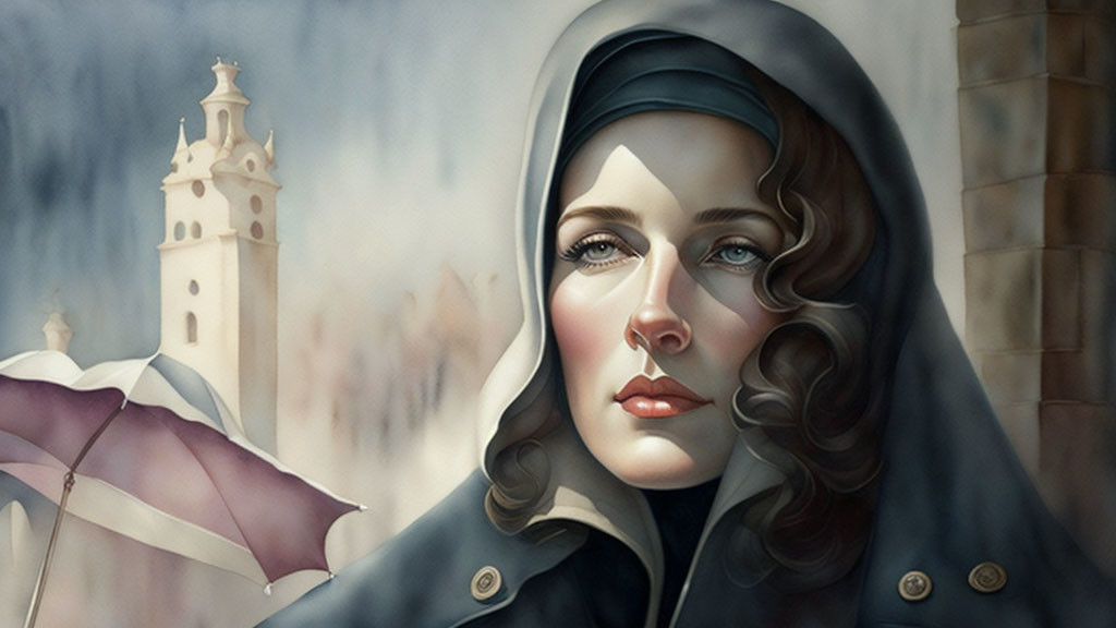 Illustrated portrait of woman in hooded cloak with wavy hair and umbrella, set against tower backdrop