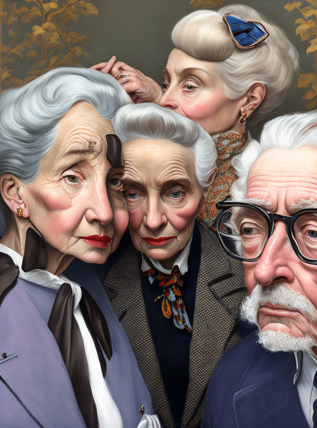 Elderly characters in sophisticated attire show contemplative emotions