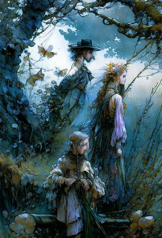 Ethereal figures in historical clothing in misty forest with butterflies